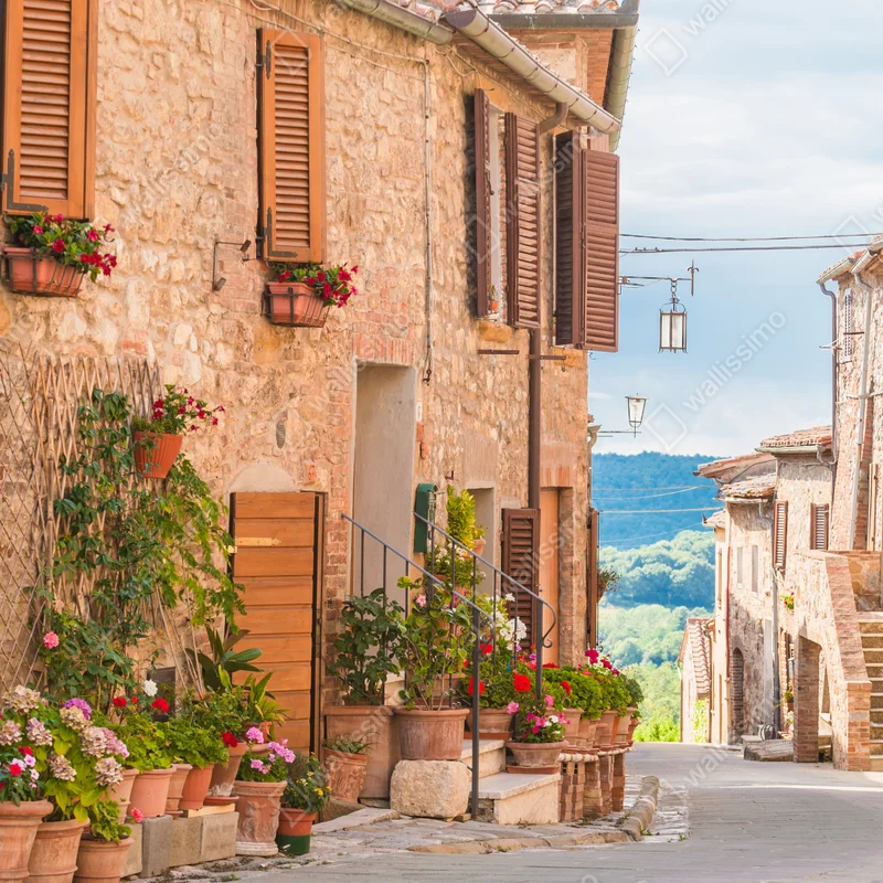 Poster mittelalterliche straße in der Toskana mit blumentöpfen Poster mittelalterliche straße in der Toskana mit blumentöpfen