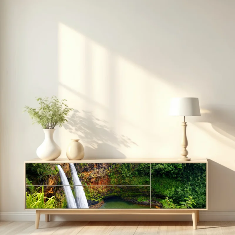 Repositionierbarer Aufkleber doppelter wasserfall im üppig grünen wald