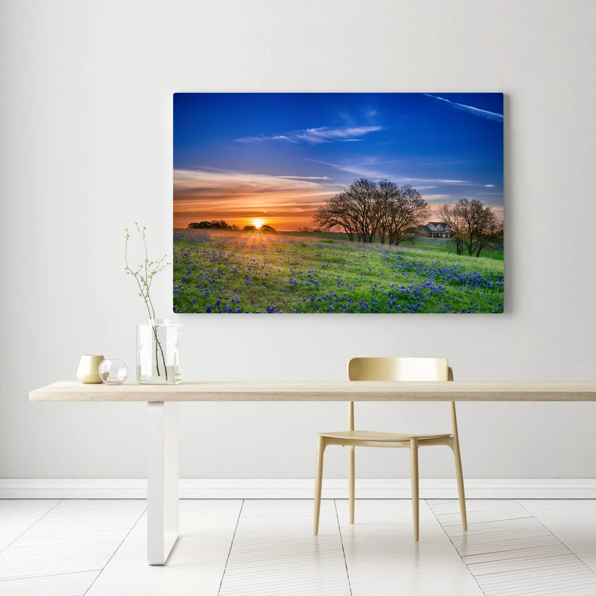 Leinwandbild Texas wiese mit bluebonnets im sonnenaufgang Leinwandbild Texas wiese mit bluebonnets im sonnenaufgang