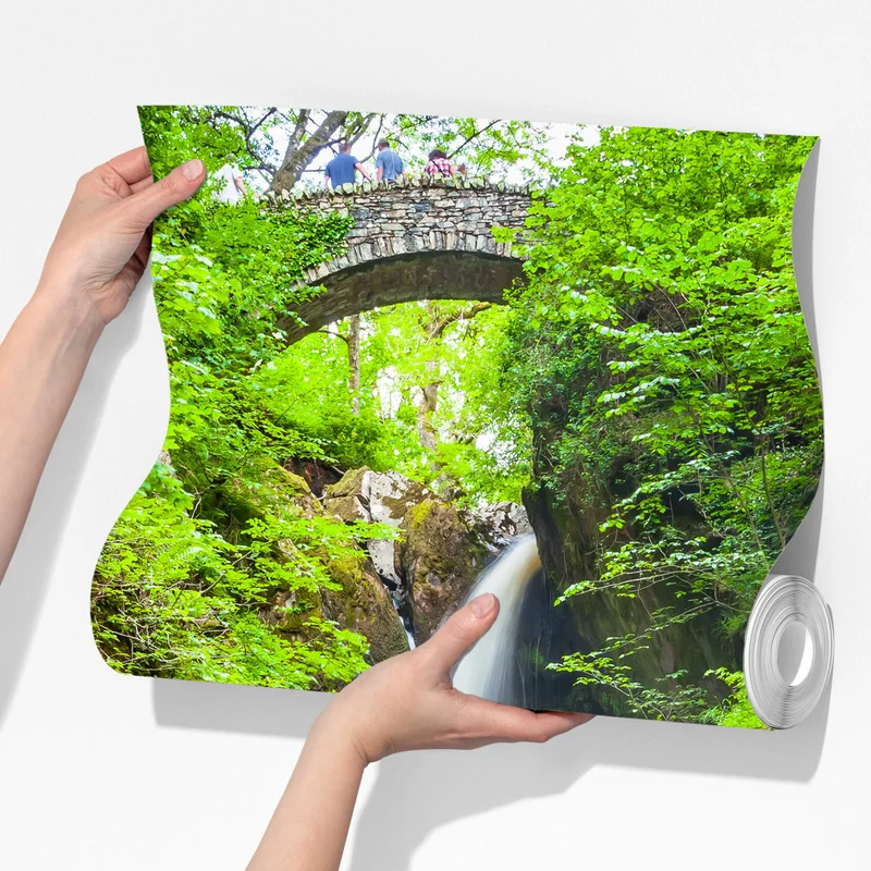 Fototapete wasserfall in moosiger schlucht mit steinbrücke Fototapete wasserfall in moosiger schlucht mit steinbrücke