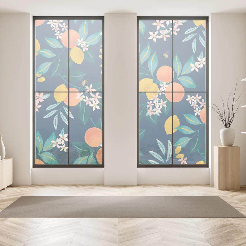 Fensteraufkleber botanisches zitronen- und orangenmuster auf marineblauem hintergrund