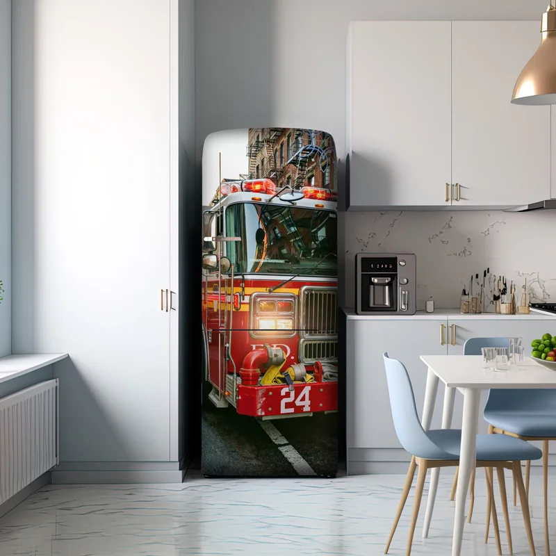 Kühlschrankaufkleber feuerwehrautos auf einer straße in Manhattan, New York