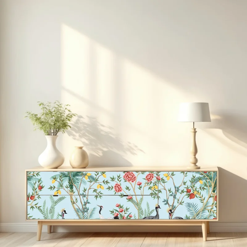 Repositionierbarer Aufkleber eleganter kranichgarten mit blüten