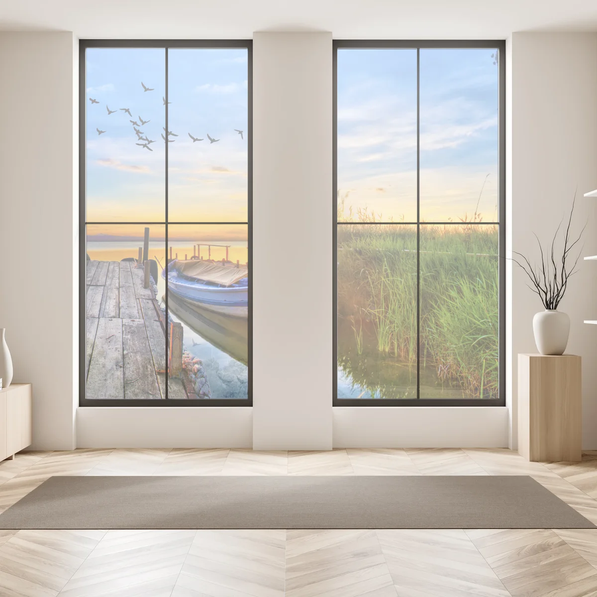 Fensteraufkleber sonnenuntergang am see mit boot am steg Fensteraufkleber sonnenuntergang am see mit boot am steg