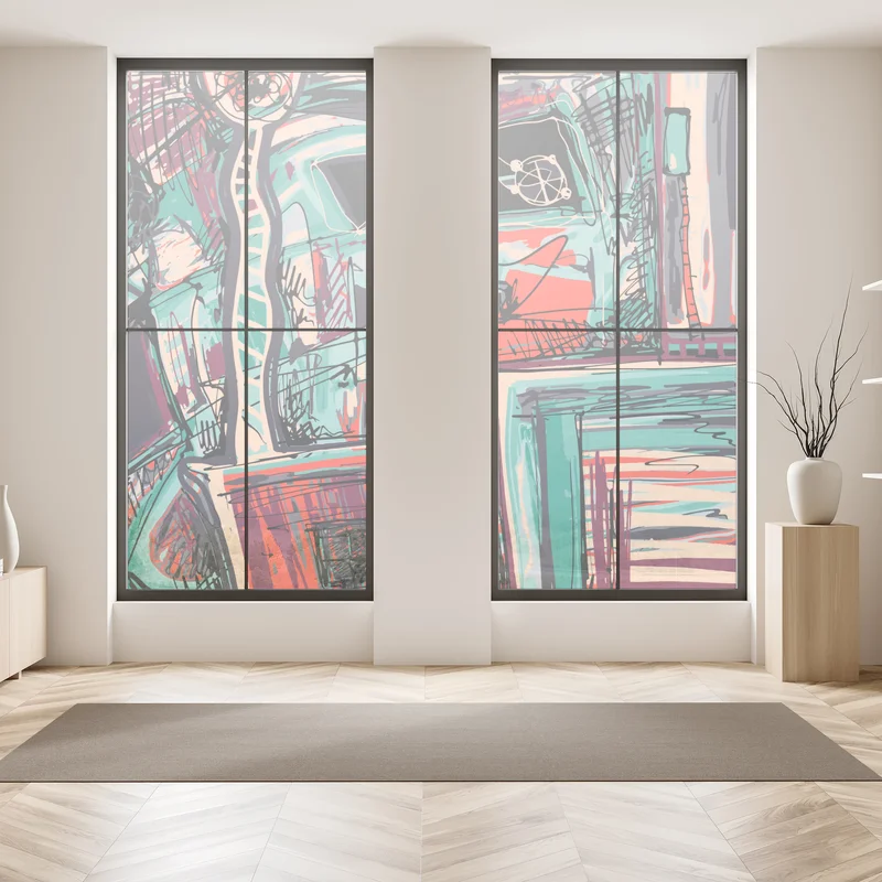 Naklejka na okno turkusowo-koralowa abstrakcyjna kompozycja