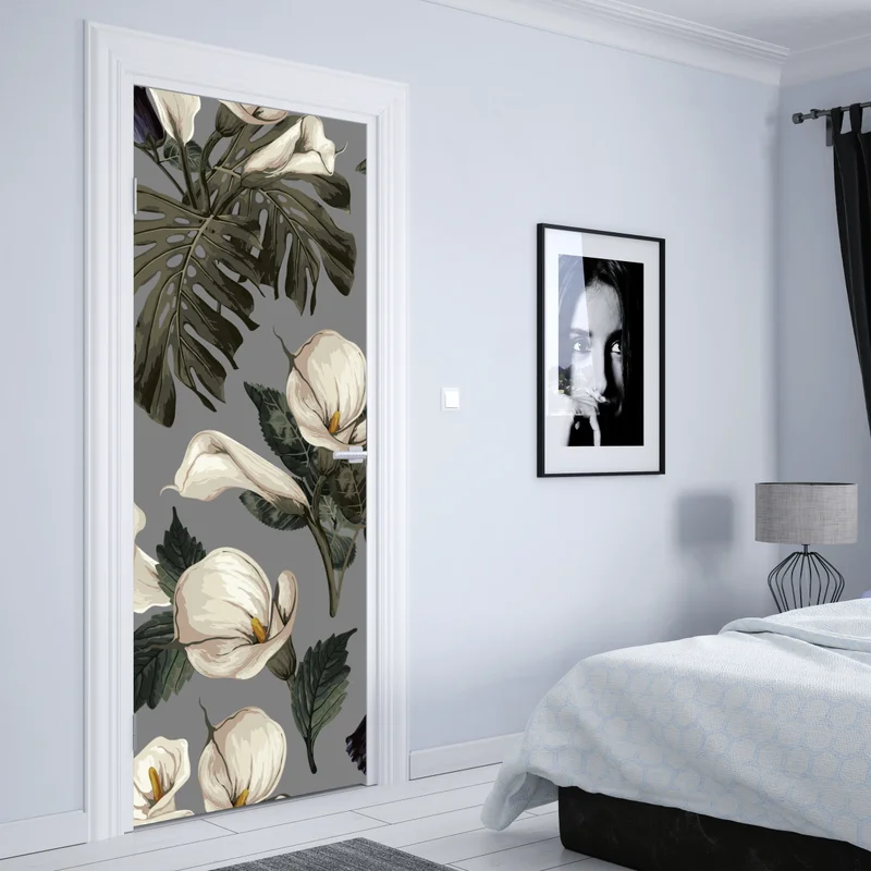 Türaufkleber vintage calla blumenmuster auf grauem hintergrund