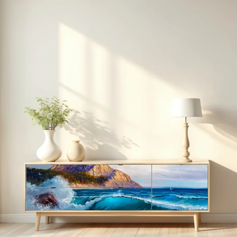 Repositionierbarer Aufkleber türkisblaue welle - meereslandschaft in öl