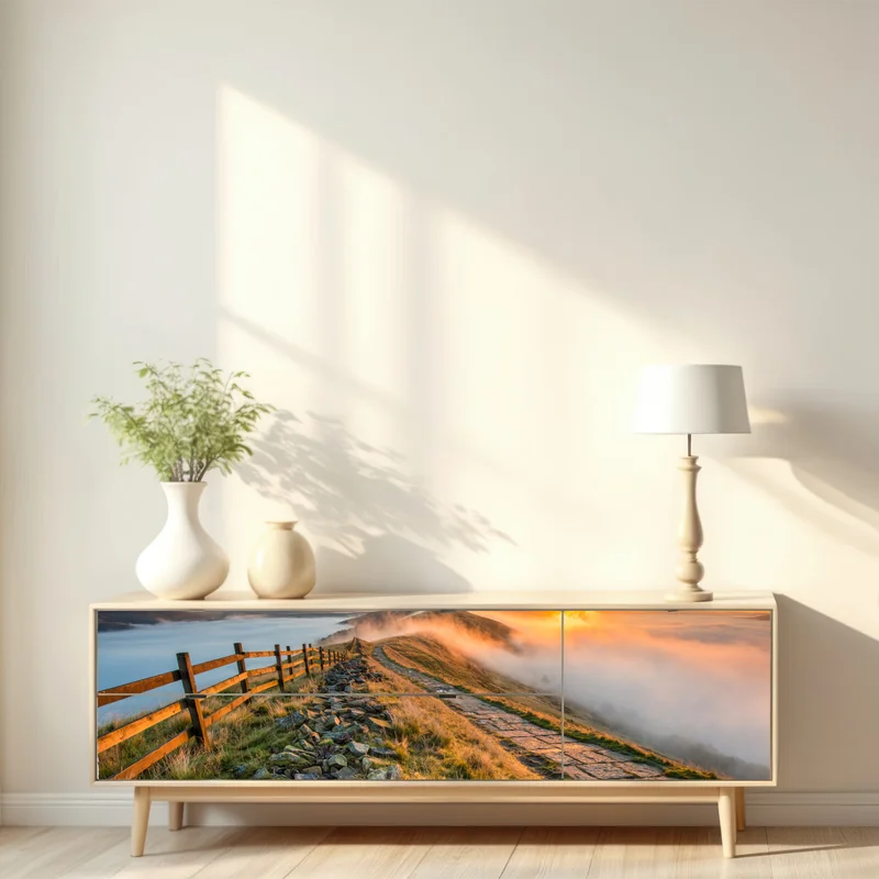 Repositionierbarer Aufkleber sonnenaufgang über einem nebligen bergrücken mit steinweg Repositionierbarer Aufkleber sonnenaufgang über einem nebligen bergrücken mit steinweg