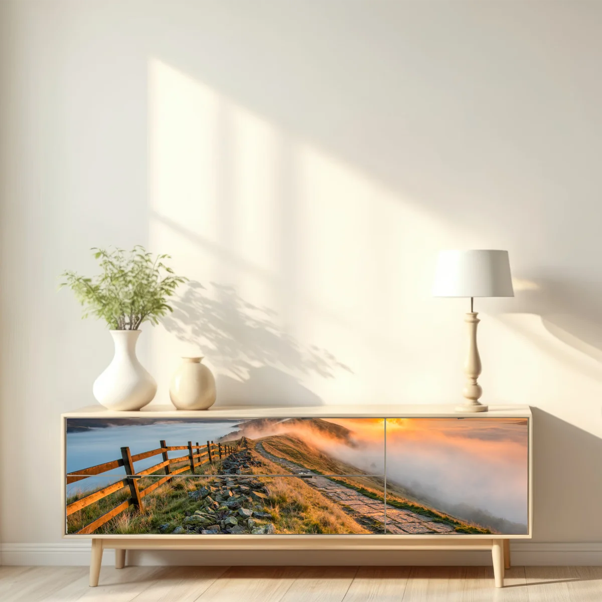 Repositionierbarer Aufkleber sonnenaufgang über einem nebligen bergrücken mit steinweg Repositionierbarer Aufkleber sonnenaufgang über einem nebligen bergrücken mit steinweg