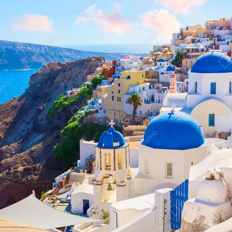 Fototapeta Santorini niebieskie kopuły i białe domy Fototapeta Santorini niebieskie kopuły i białe domy