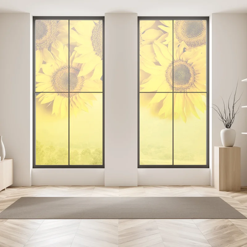 Fensteraufkleber leuchtender sonnenblumenstrauß auf gelbem hintergrund Fensteraufkleber leuchtender sonnenblumenstrauß auf gelbem hintergrund