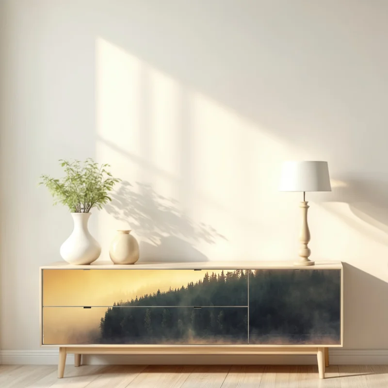 Repositionierbarer Aufkleber nebeliger goldener sonnenaufgang über waldsee Repositionierbarer Aufkleber nebeliger goldener sonnenaufgang über waldsee