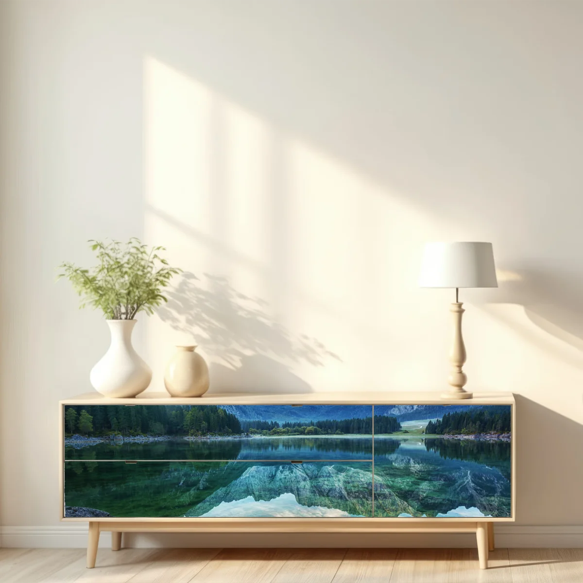 Repositionierbarer Aufkleber früher morgen am See Fusine, Julische Alpen Repositionierbarer Aufkleber früher morgen am See Fusine, Julische Alpen