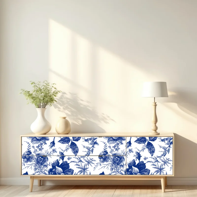 Repositionierbarer Aufkleber blaues blumen toile-muster