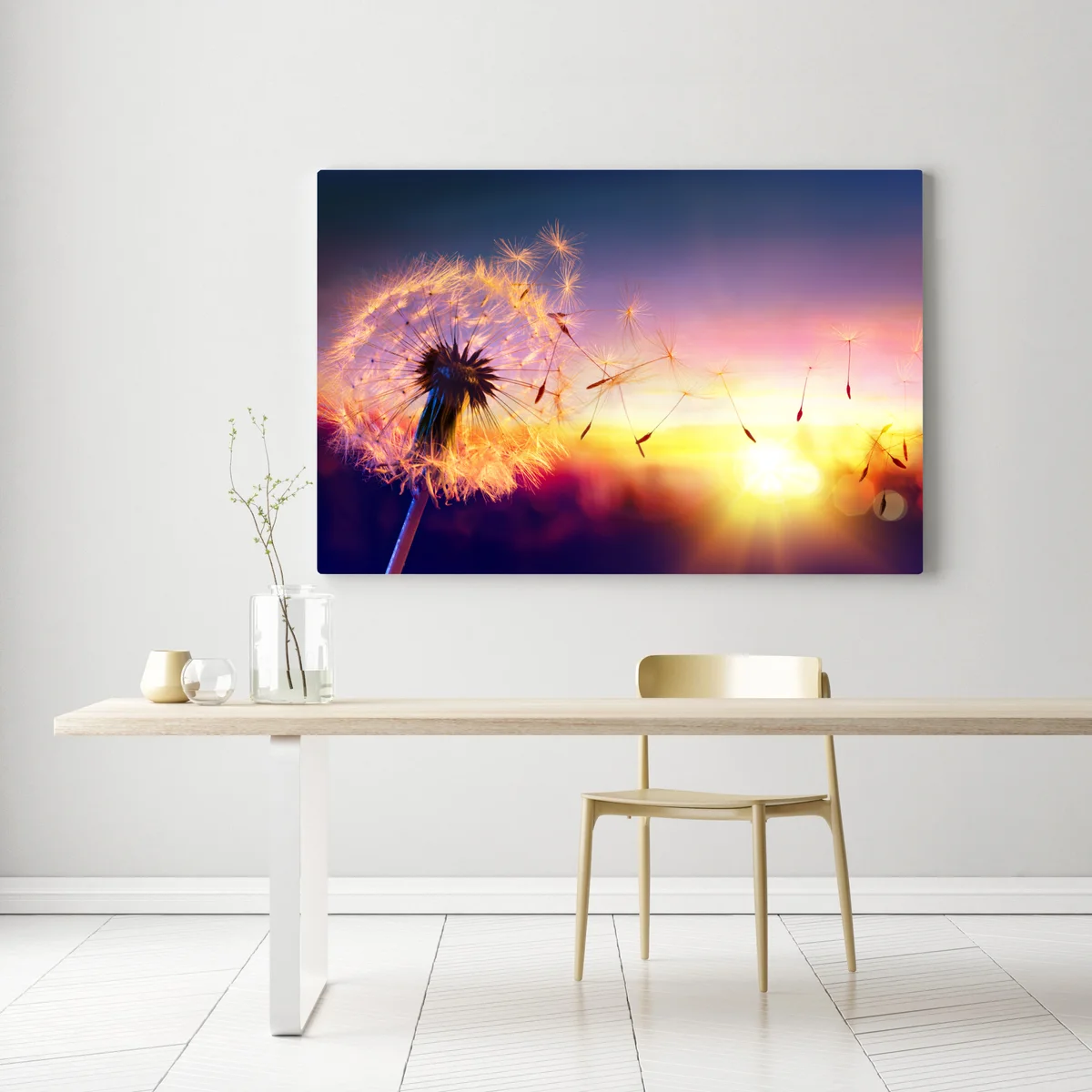 Leinwandbild goldener löwenzahn bei sonnenuntergang Leinwandbild goldener löwenzahn bei sonnenuntergang