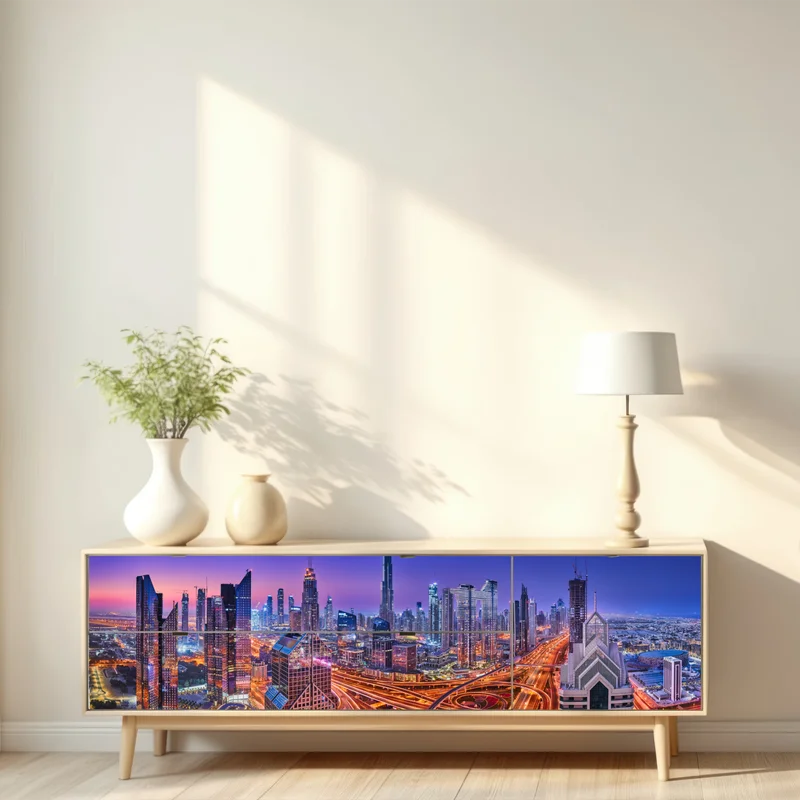 Repositionierbarer Aufkleber Dubai panorama bei dämmerung