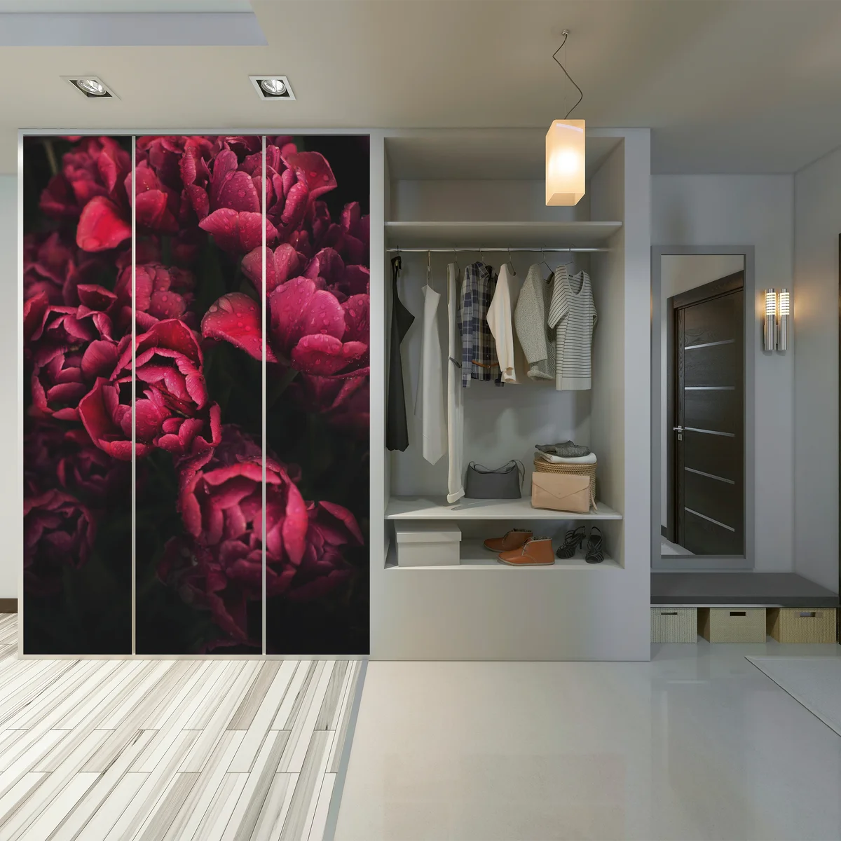 Schrankaufkleber tiefrote blüten mit wassertropfen Schrankaufkleber tiefrote blüten mit wassertropfen