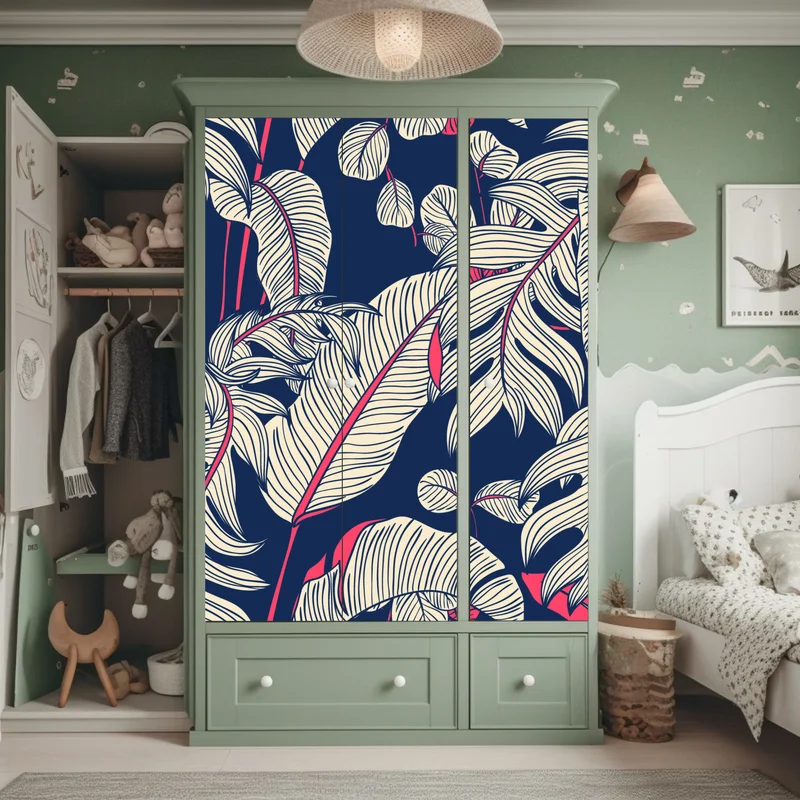 Schrankaufkleber marineblaues tropisches blattmuster