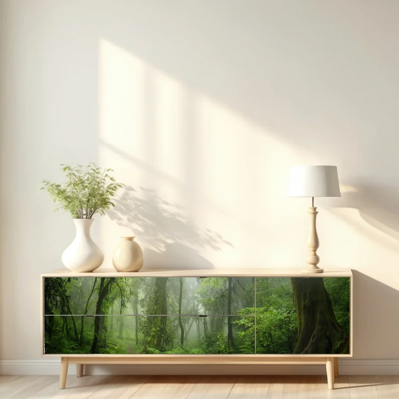 Repositionierbarer Aufkleber nebliger tropischer dschungelpfad