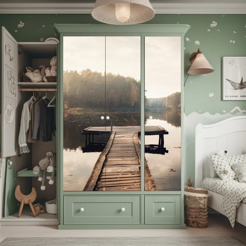 Schrankaufkleber herbstmorgen am see mit hölzernem steg