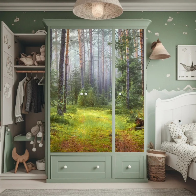 Schrankaufkleber nebliger kiefernwald mit pfad