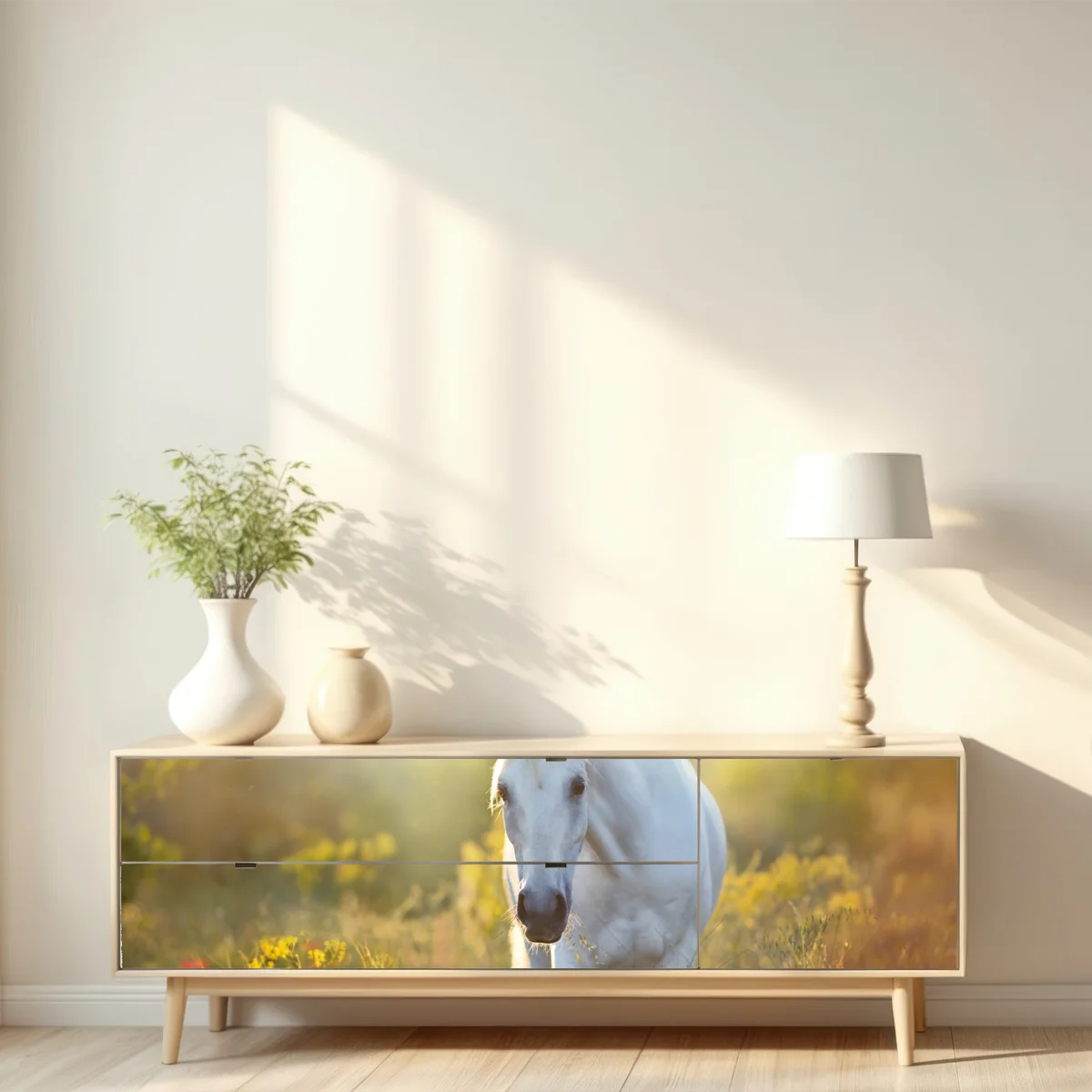 Repositionierbarer Aufkleber weißes pferd im mohnfeld bei sonnenaufgang Repositionierbarer Aufkleber weißes pferd im mohnfeld bei sonnenaufgang