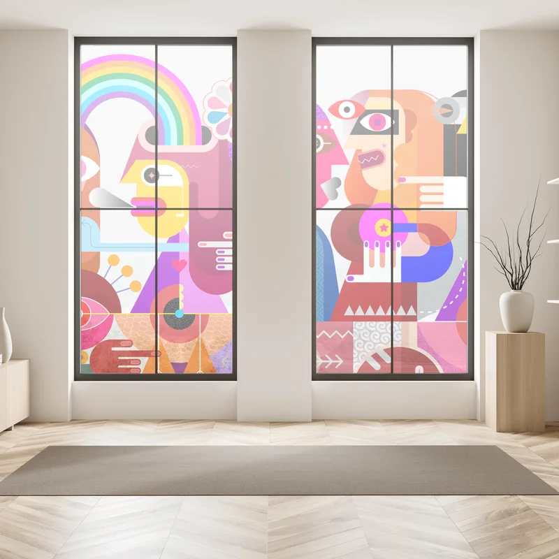 Fensteraufkleber mann mit regenbogen reitet geometrischen vogel Fensteraufkleber mann mit regenbogen reitet geometrischen vogel