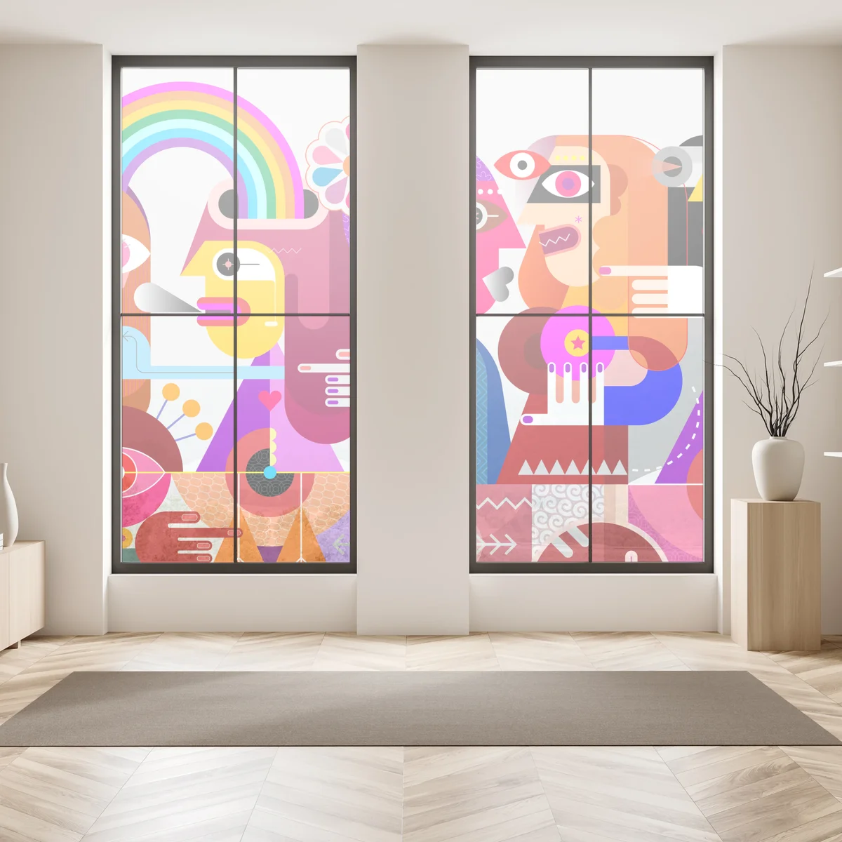 Fensteraufkleber mann mit regenbogen reitet geometrischen vogel Fensteraufkleber mann mit regenbogen reitet geometrischen vogel