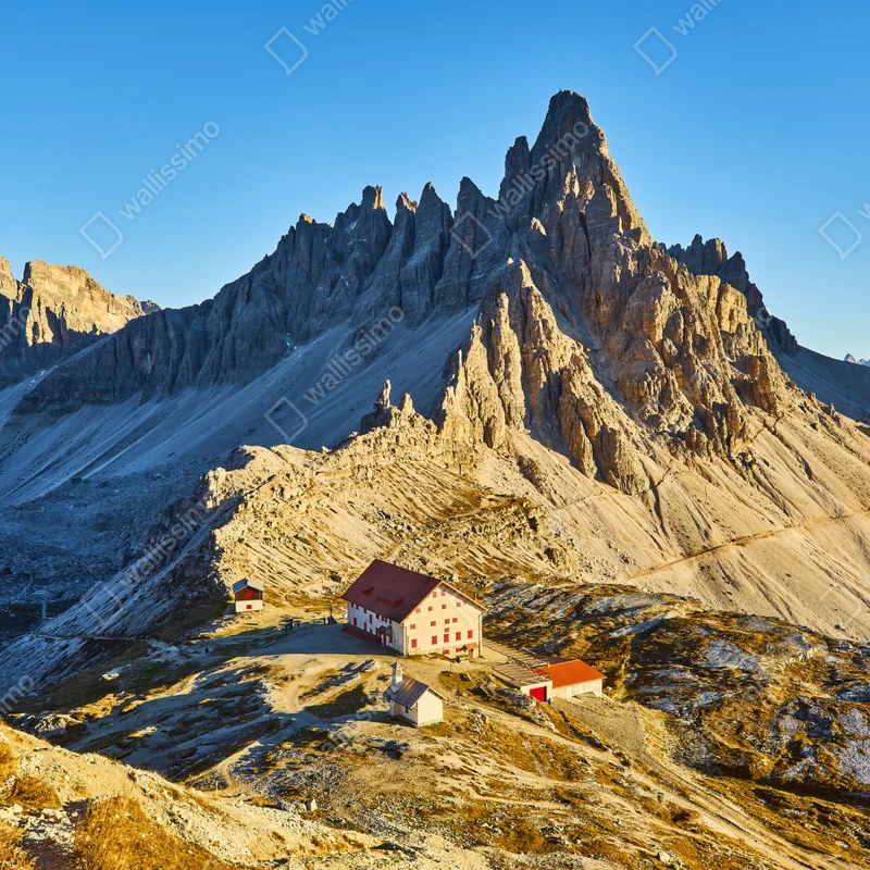 Poster goldene Alpen mit berghütte • Poster bei Wallnifity® Poster goldene Alpen mit berghütte • Poster bei Wallnifity®
