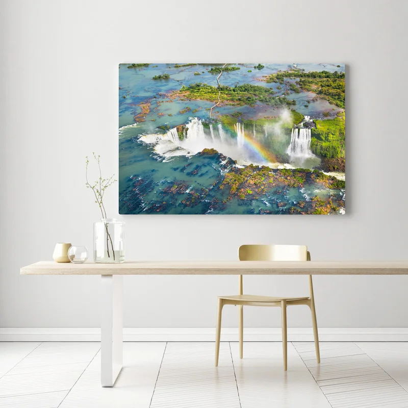 Leinwandbild luftaufnahme tropischer wasserfälle mit regenbogen Leinwandbild luftaufnahme tropischer wasserfälle mit regenbogen