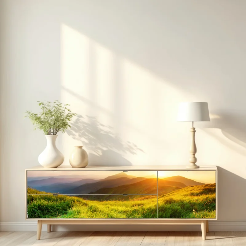 Repositionierbarer Aufkleber sonnige bergwiese bei sonnenaufgang Repositionierbarer Aufkleber sonnige bergwiese bei sonnenaufgang