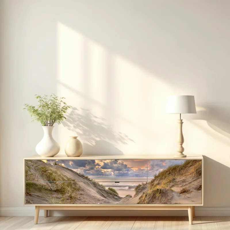 Repositionierbarer Aufkleber sonnenuntergang über den dünen