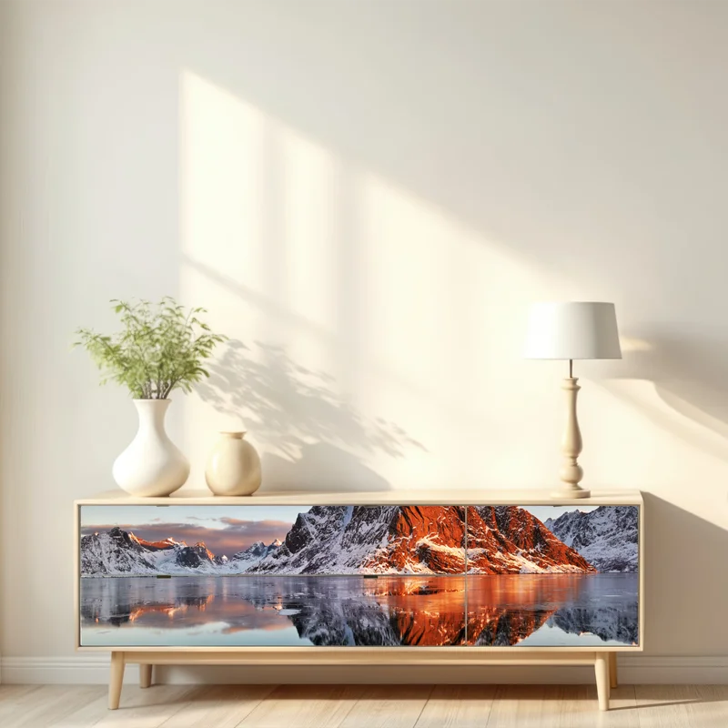 Repositionierbarer Aufkleber Lofoten sonnenaufgang mit bergreflexion