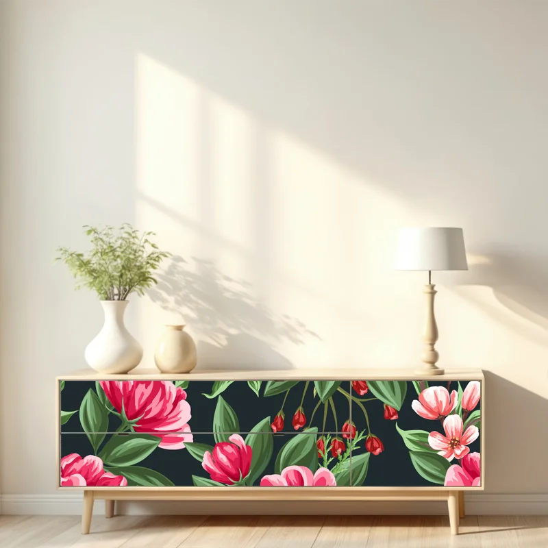 Repositionierbarer Aufkleber rosa aquarell blumenmuster auf dunklem hintergrund