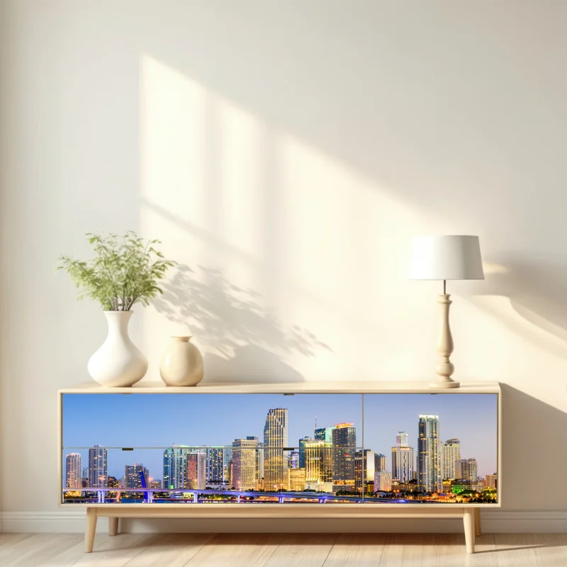 Repositionierbarer Aufkleber Miami skyline der innenstadt bei dämmerung