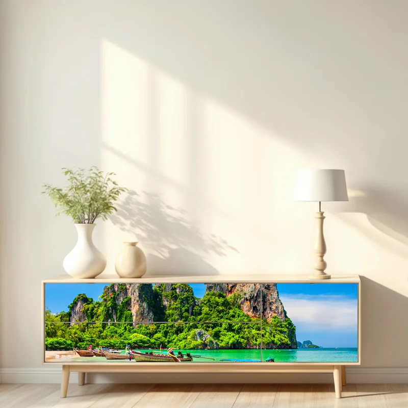 Repositionierbarer Aufkleber longtail-boote an einem tropischen strand, Thailand