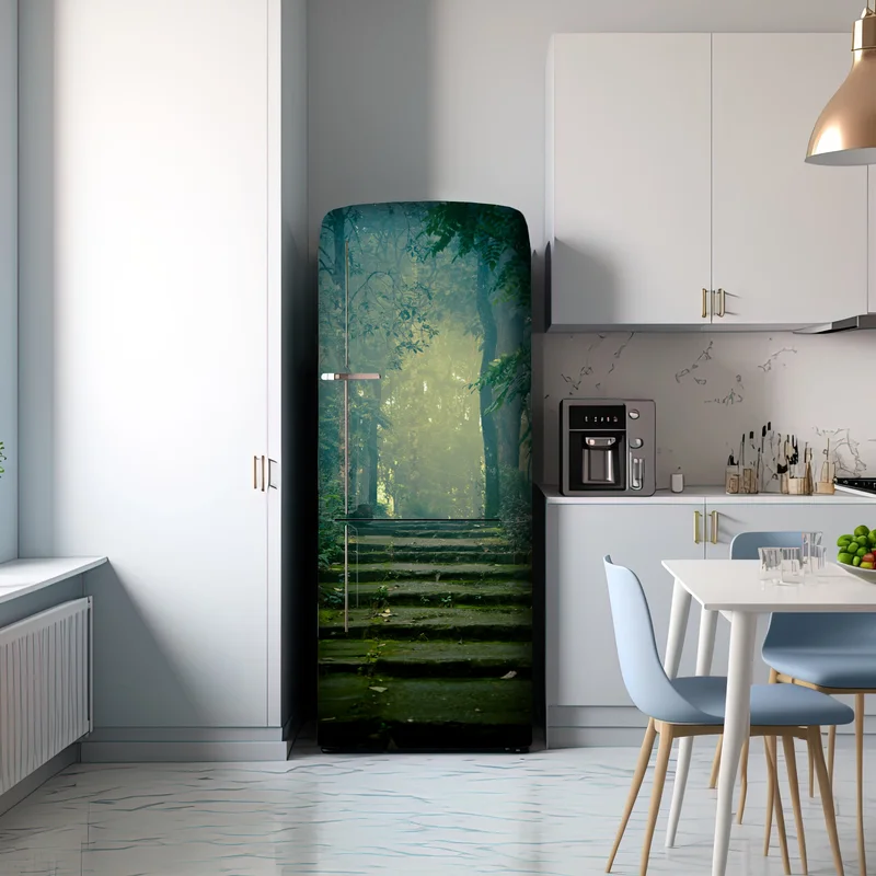 Kühlschrankaufkleber moosbedeckte steintreppe in den nebligen wald Kühlschrankaufkleber moosbedeckte steintreppe in den nebligen wald