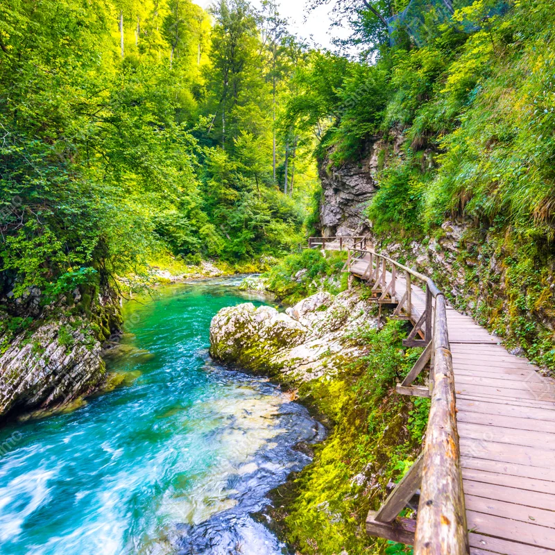 Laptop-Aufkleber türkisfarbener fluss und holzsteg im wald Laptop-Aufkleber türkisfarbener fluss und holzsteg im wald