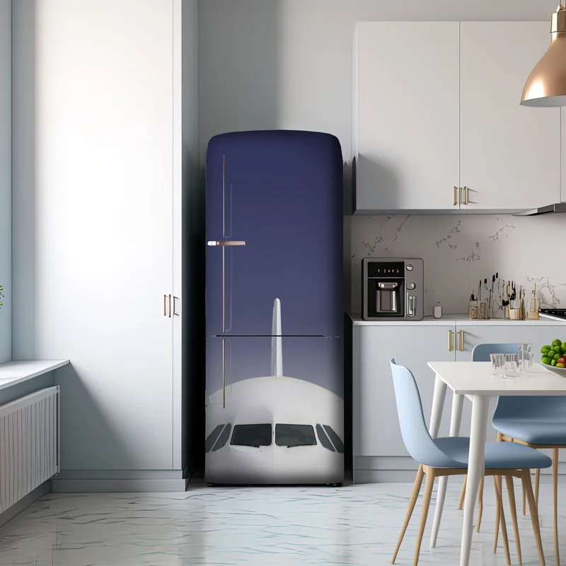 Kühlschrankaufkleber frontansicht eines flugzeugs vor blauem himmel