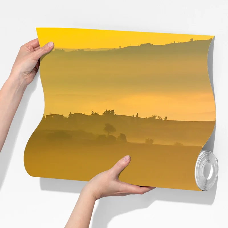 Fototapete Toskana bei sonnenaufgang über goldenen hügeln Fototapete Toskana bei sonnenaufgang über goldenen hügeln