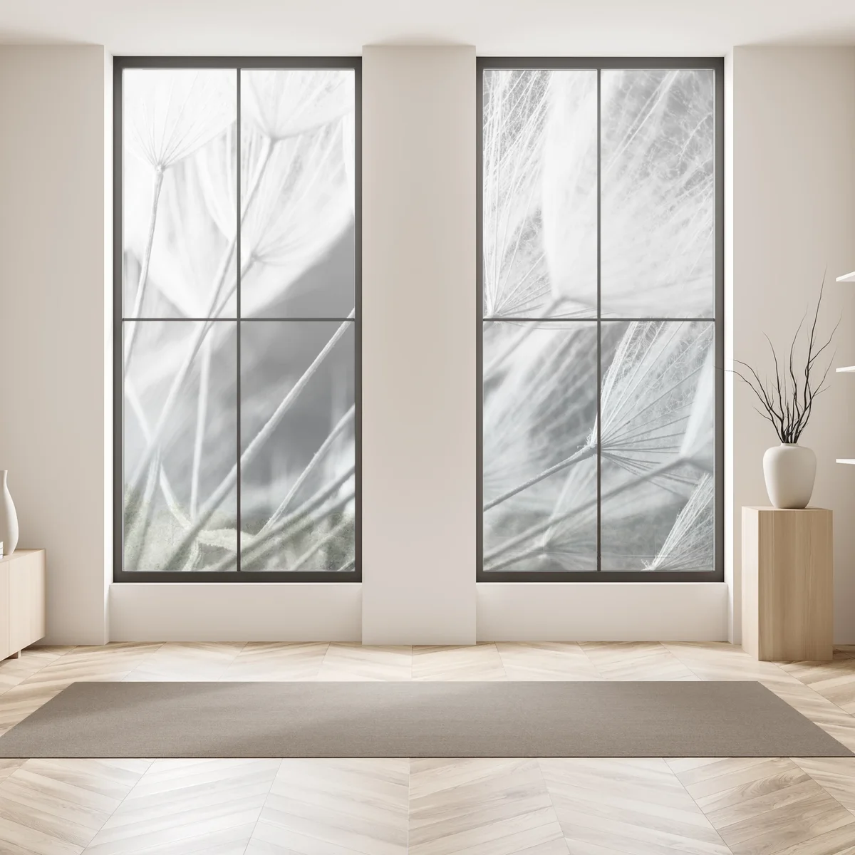 Fensteraufkleber zarte nahaufnahme von löwenzahnsamen in monochrom Fensteraufkleber zarte nahaufnahme von löwenzahnsamen in monochrom