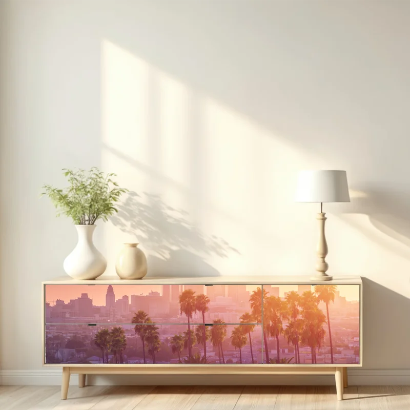 Repositionierbarer Aufkleber Los Angeles goldener sonnenuntergang über der skyline