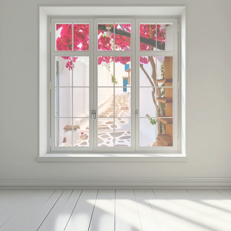 Fensteraufkleber sonnige gasse in Griechenland mit bougainvillea