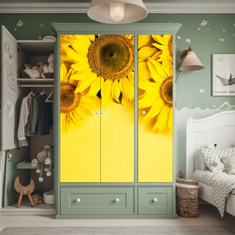 Schrankaufkleber leuchtender sonnenblumenstrauß auf gelbem hintergrund