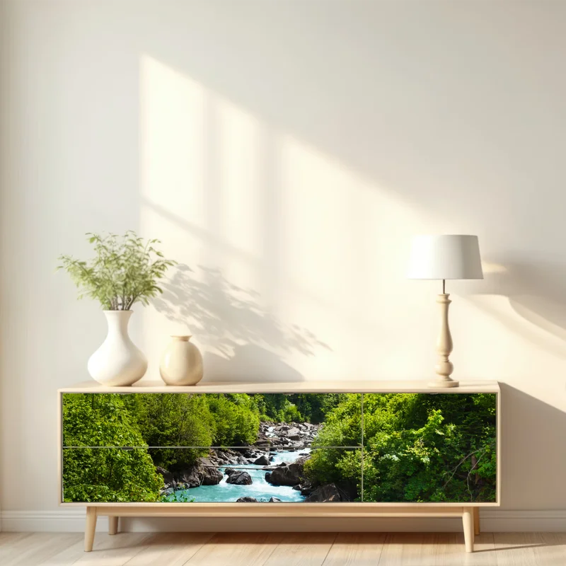 Repositionierbarer Aufkleber gletscherfluss im grünen tal