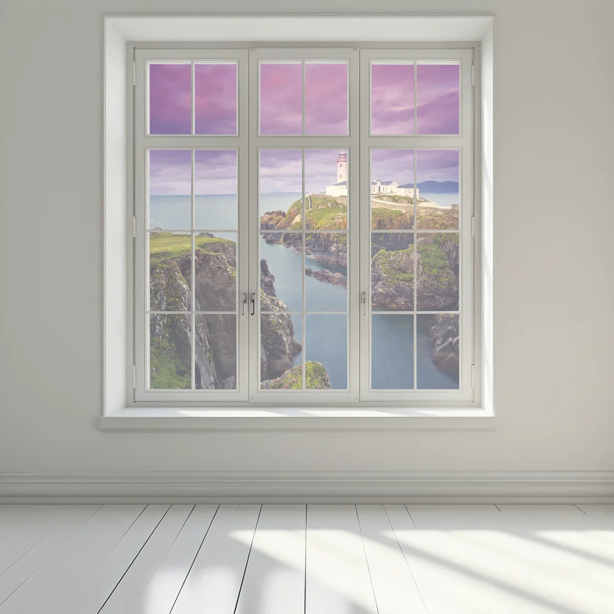 Fensteraufkleber lila leuchtturm an steiler küste Fensteraufkleber lila leuchtturm an steiler küste