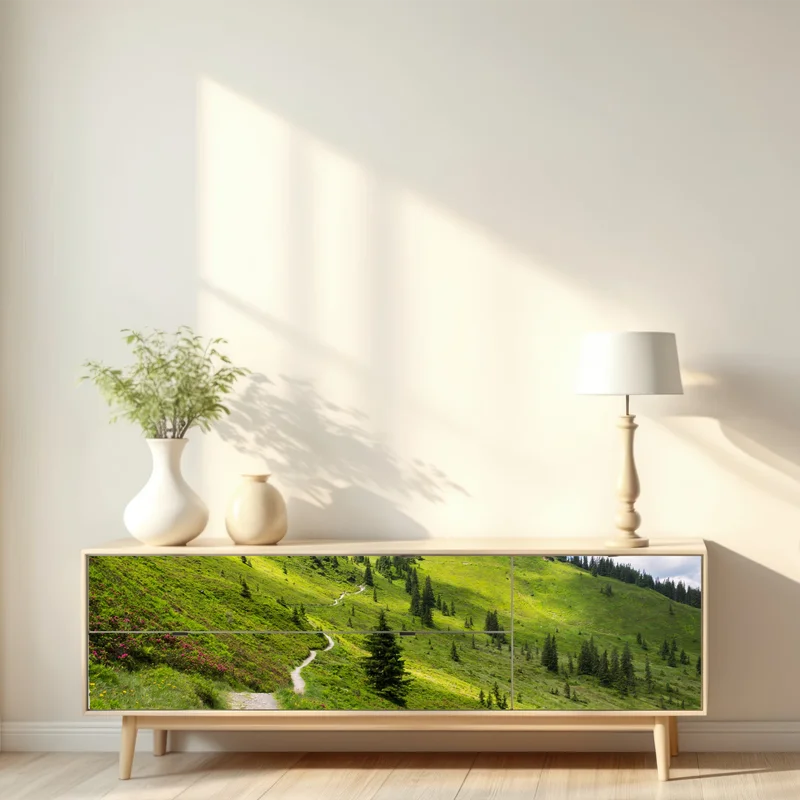 Repositionierbarer Aufkleber sonniger bergpfad durch grüne wiese