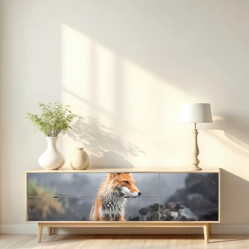 Repositionierbarer Aufkleber roter fuchs in nebliger landschaft