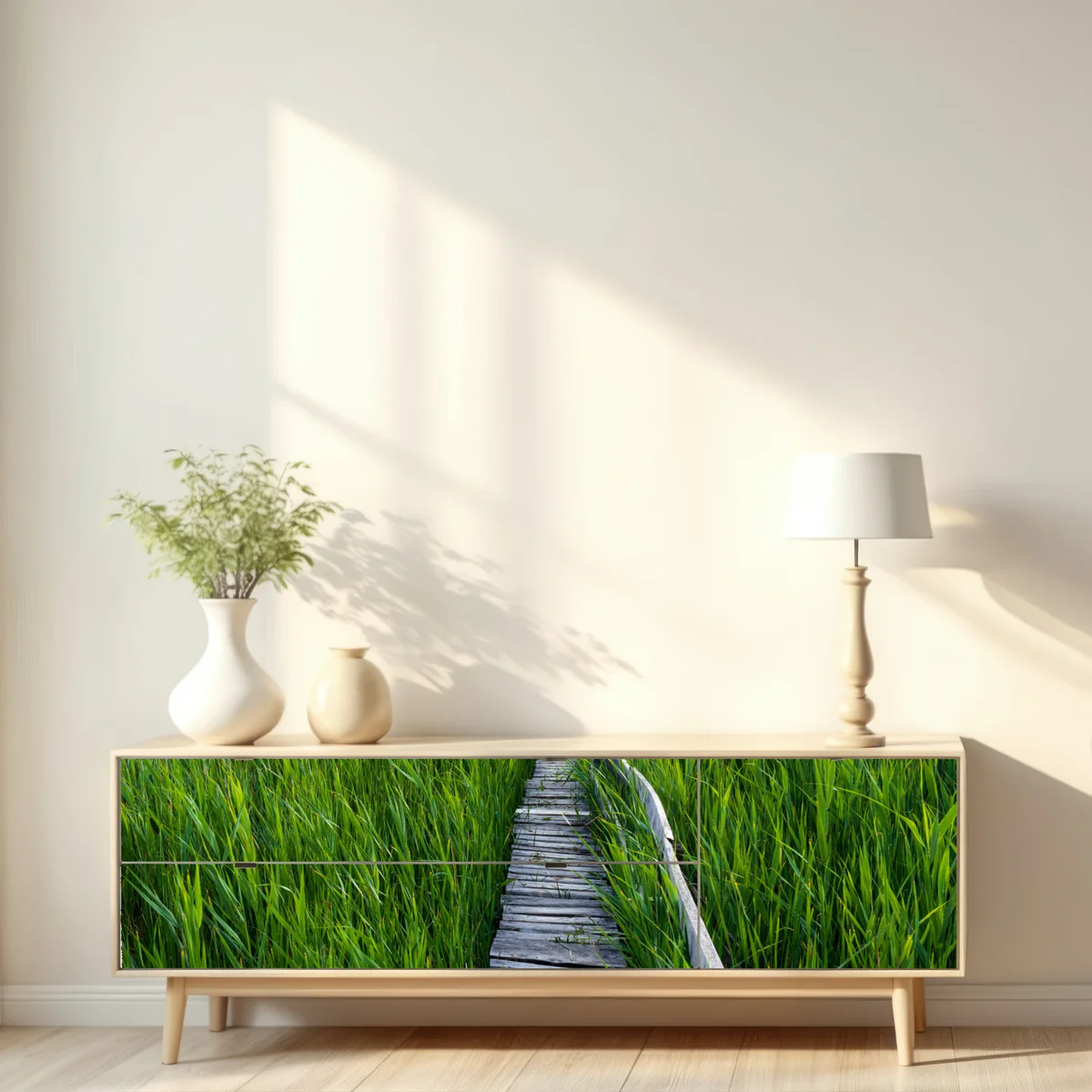 Repositionierbarer Aufkleber ruhiger grüner steg durch schilfland zur rustikalen hütte Repositionierbarer Aufkleber ruhiger grüner steg durch schilfland zur rustikalen hütte