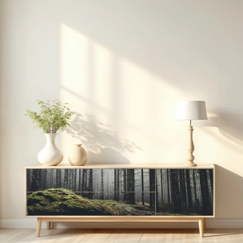 Repositionierbarer Aufkleber nebliger moosbedeckter wald